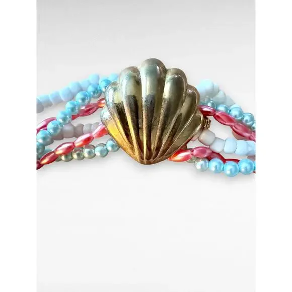 Vintage Multi Strand Seed Bead Torsade Necklace Gold Tone Scallop Clasp 15 Inch - Picture 4 of 8